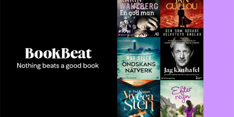 Sex bokomslag och texten: Bookbeat, Nothing beats a good book.