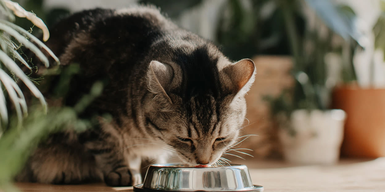 Katt äter mat. Bilden är delvis skapad med AI.