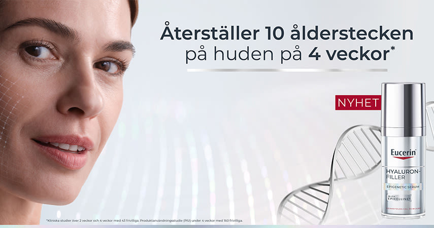 En kvinna tittar in i kameran. I hörnet är produkten Eucerin hyaluron filler med texten återställer 10 ålderstecken på 4 veckor.