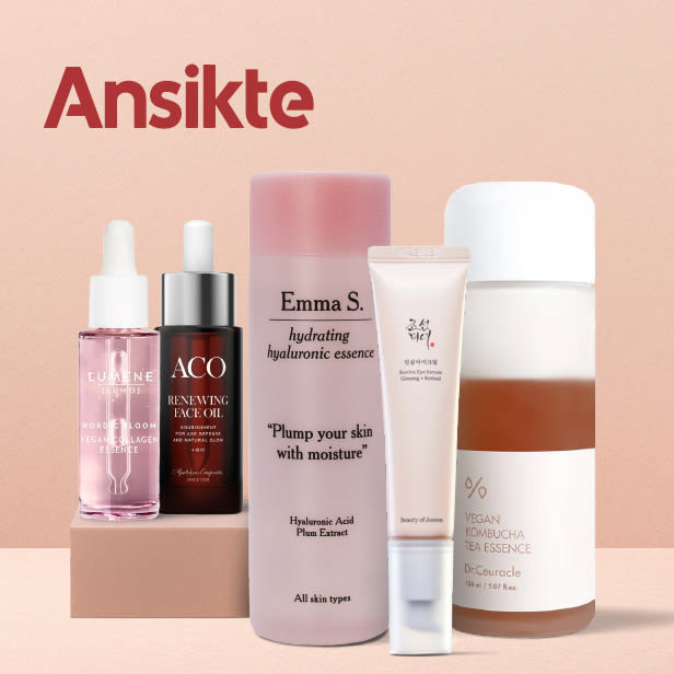 Fem olika ansiktsvårdsprodukter i flaskor och tuber står på en beige och rosa bakgrund med texten "Ansikte" ovanför.