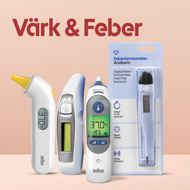 Fyra olika termometrar för mätning av feber står på rad mot en beige bakgrund med texten "Värk & Feber" ovanför.
